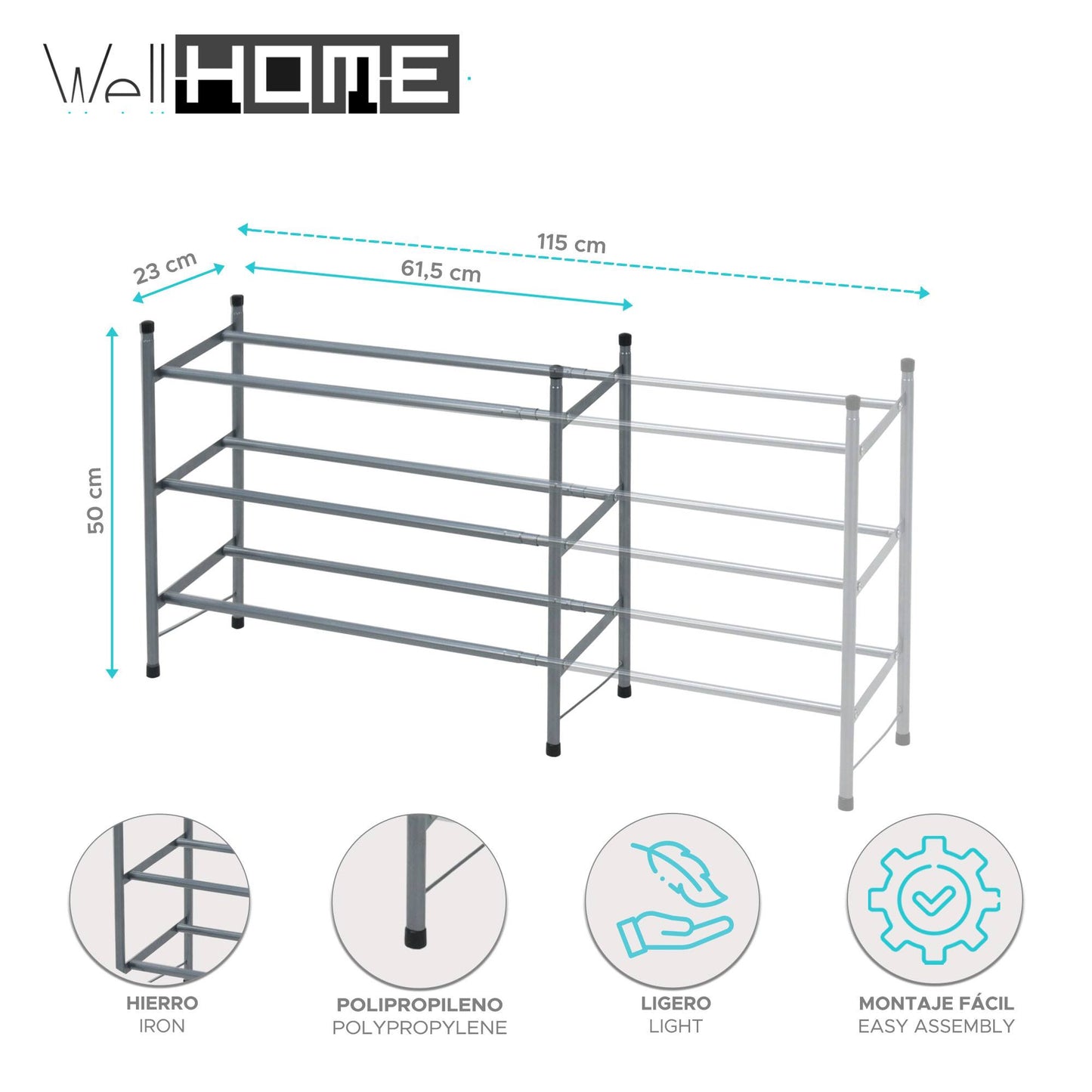 Well Home Zapatero Extensible De Hierro Con 3 Baldas Y Pomos De Pp 23x61,5x50cm_1