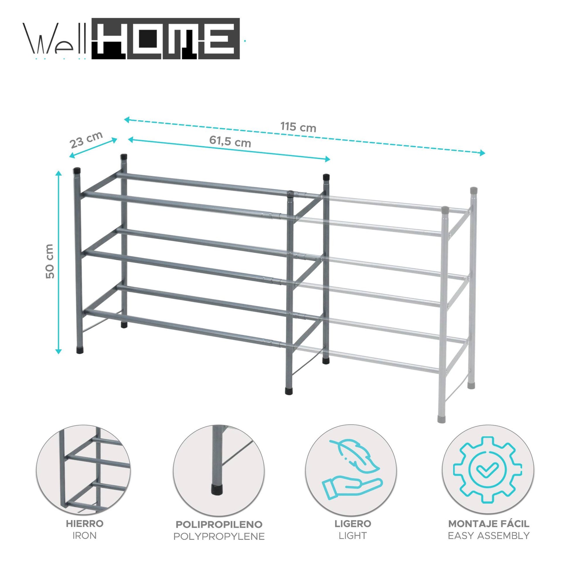 Well Home Zapatero Extensible De Hierro Con 3 Baldas Y Pomos De Pp 23x61,5x50cm_1