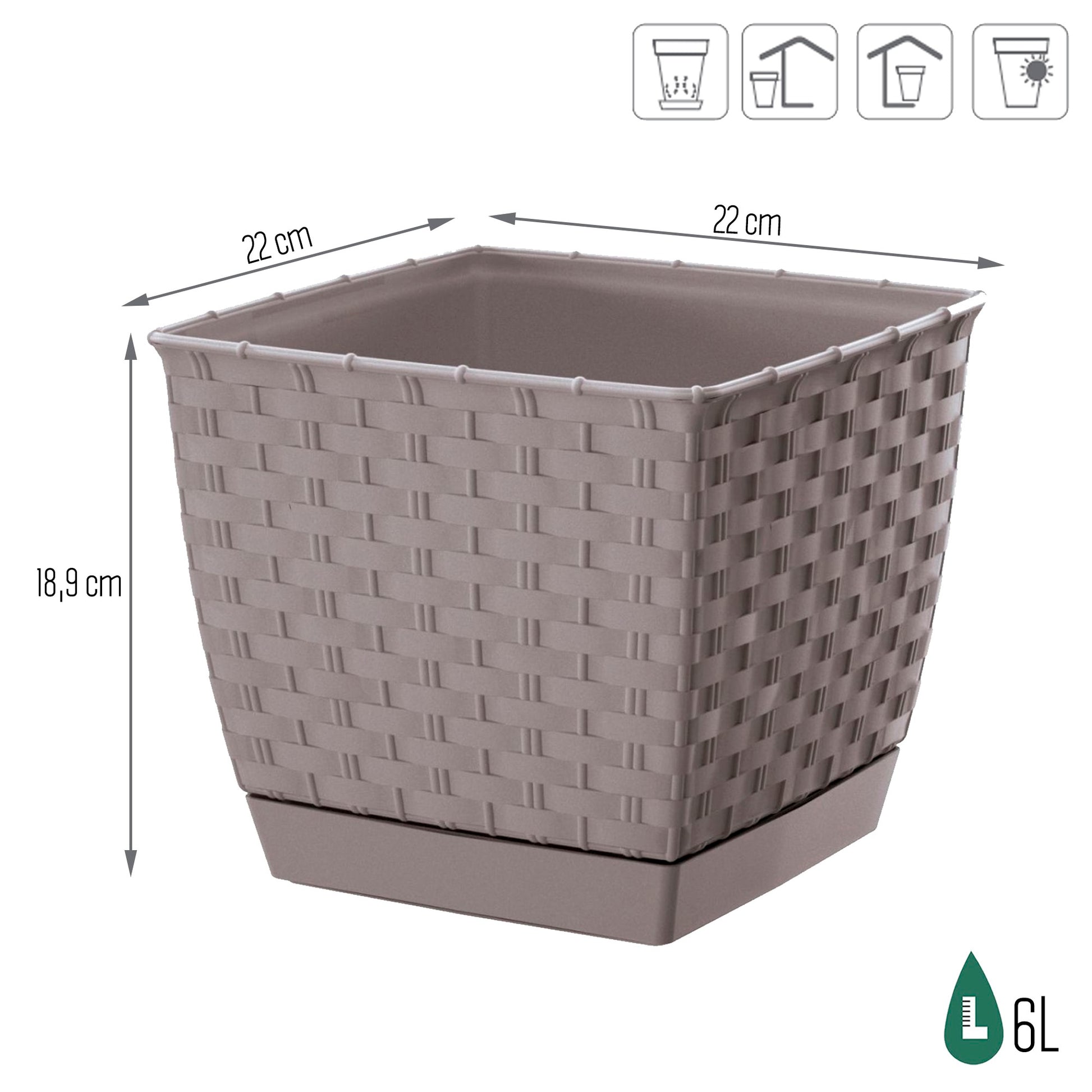 Maceta Ratolla Square 6l., Dimensiones (mm) 220x220x189, Color Mocca_2