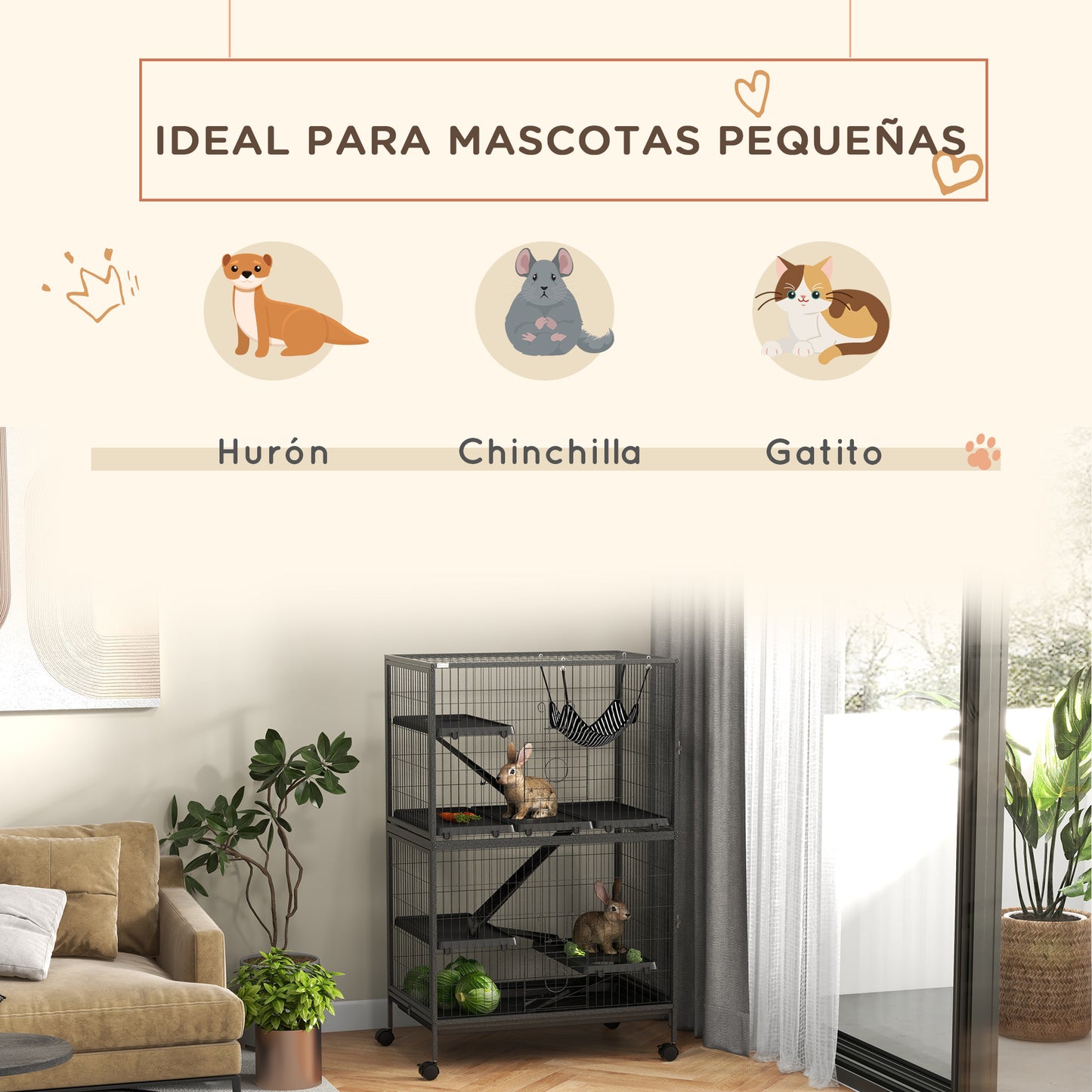 Pawhut Jaula Para Animales Pequeños De 4 Niveles Con Ruedas 80x52x128 Cm Gris_3