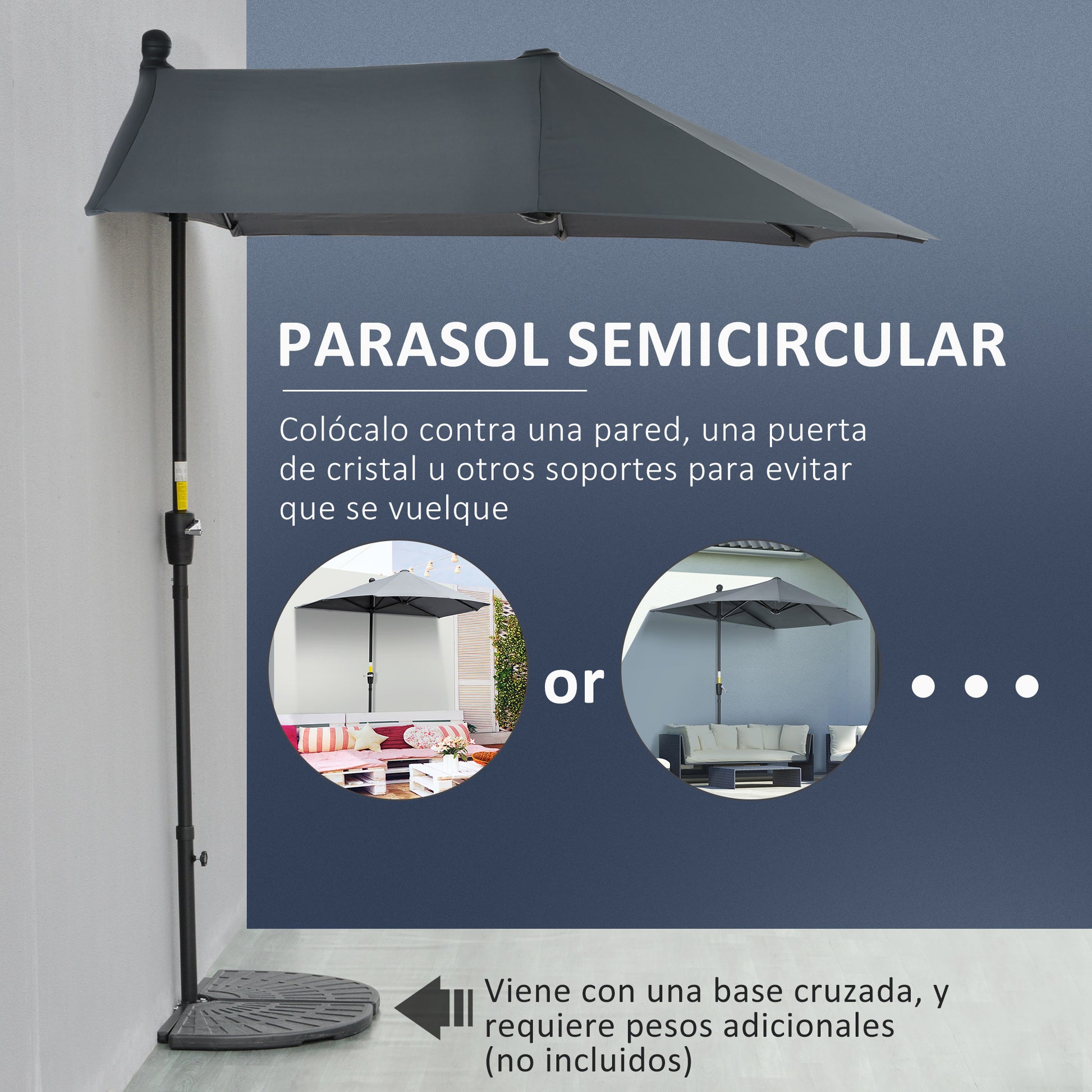 Outsunny Sombrilla De Pared Jardín 200x190x240cm Con Manivela Para Terraza Gris_3