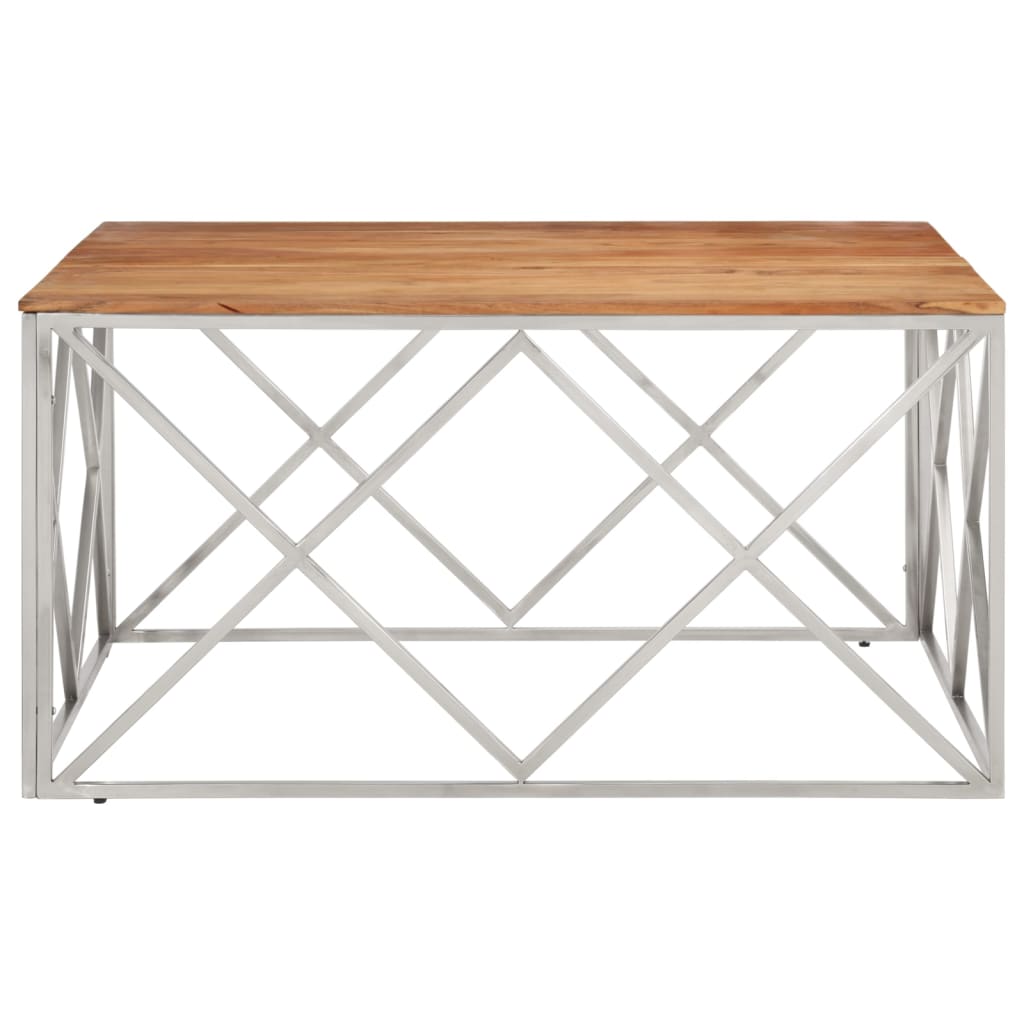 Mesa De Centro Acero Inoxidable Plateado Y Madera Maciza Acacia_1