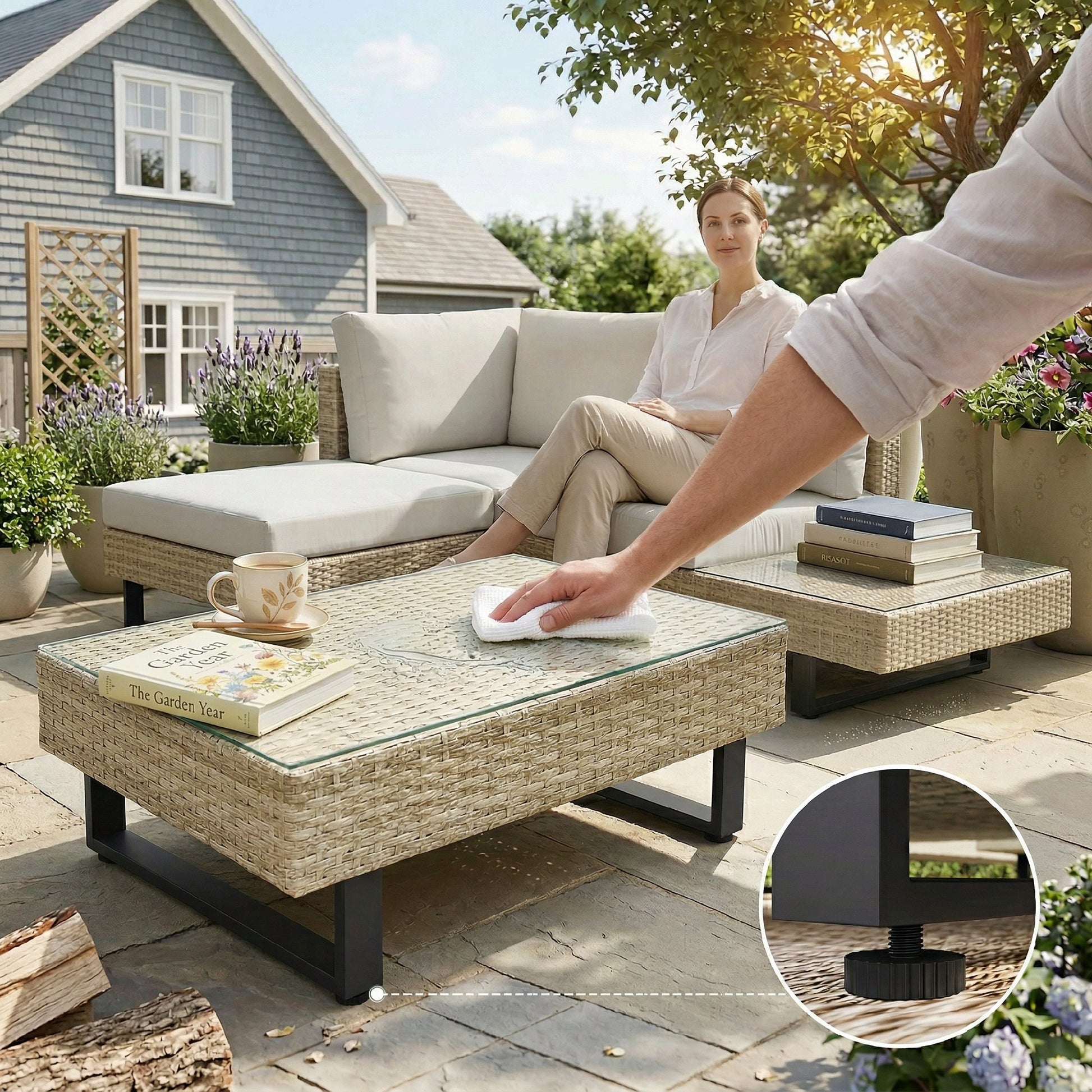 Outsunny Conjunto Muebles Jardín Exterior De Ratán De 3 Piezas Cojines Beige_5