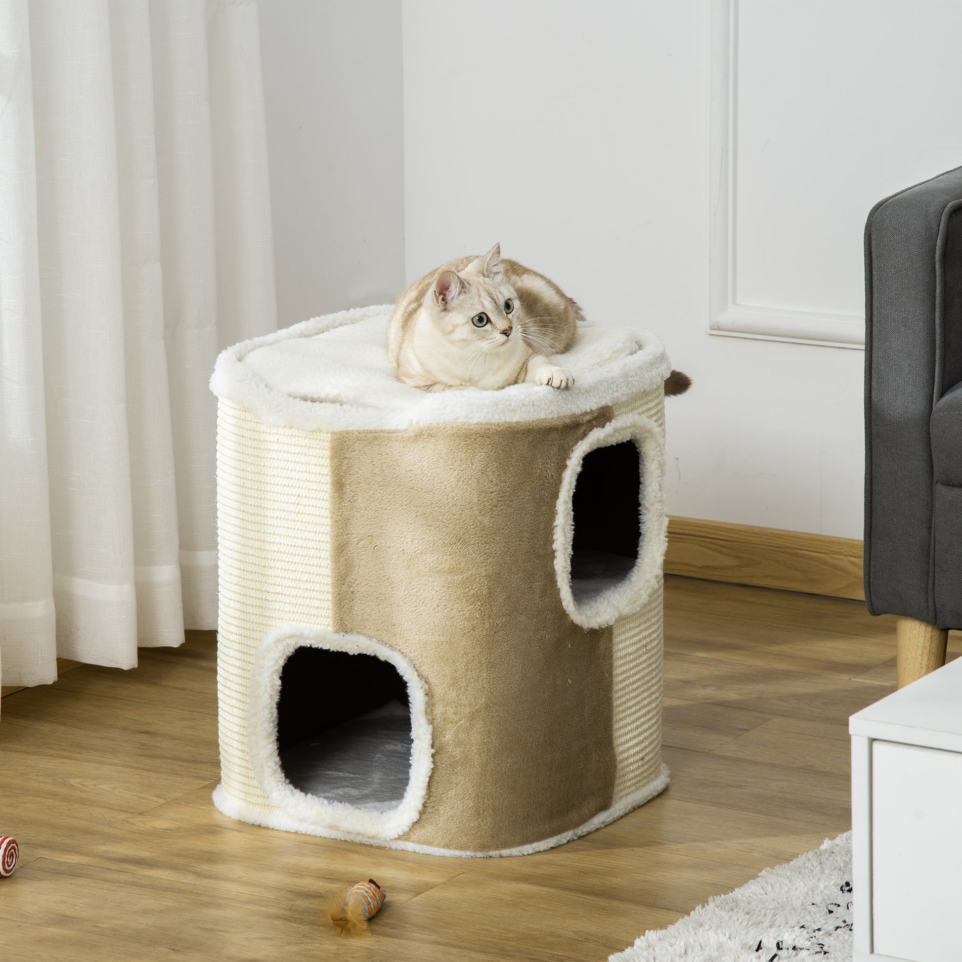 Pawhut Barril Rascador Para Gatos 2 Niveles Con Cuevas De Sisal 40x40x49cm Beige_1