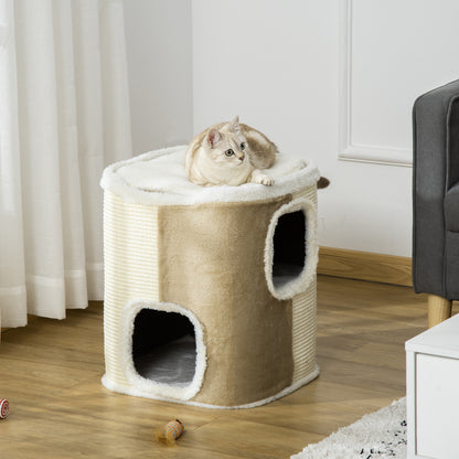 Pawhut Barril Rascador Para Gatos 2 Niveles Con Cuevas De Sisal 40x40x49cm Beige_1