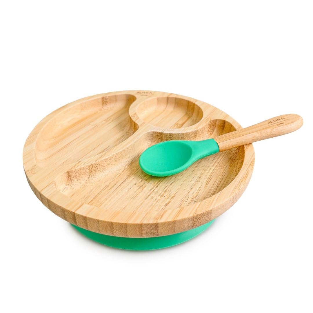 Vajilla De Bambú Natural Para Bebé Con Ventosa Antideslizante 2 Piezas Althea Living Verde Aguamarina_0
