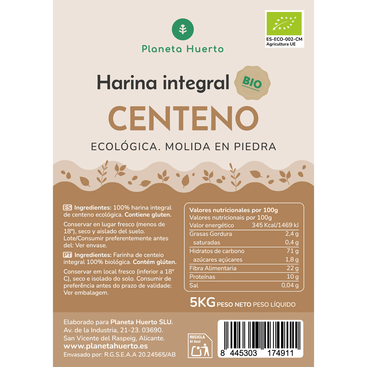 Harina Integral de Centeno Eco Planeta Huerto 5 Kg