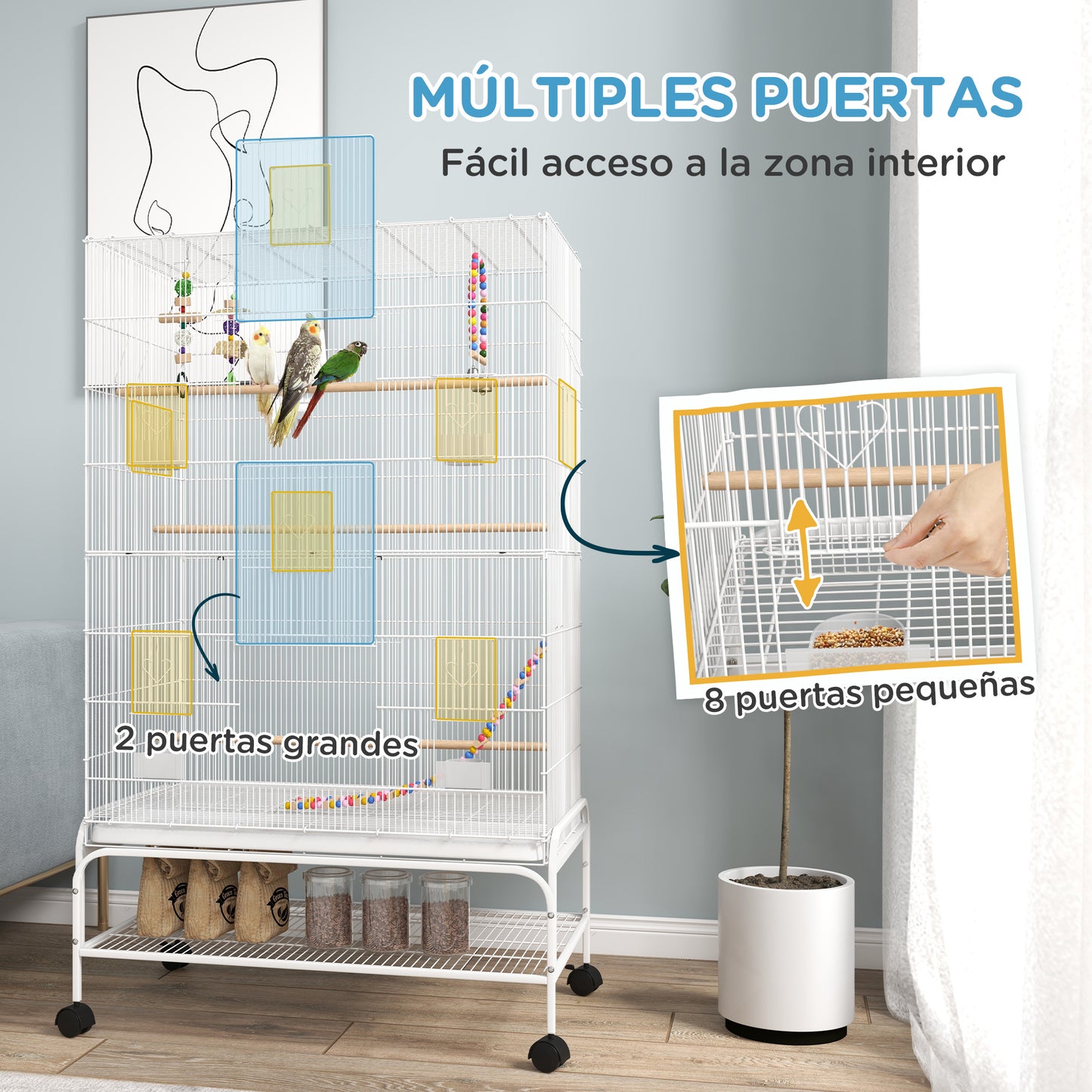 Pawhut Jaula Para Pájaros Con Ruedas Bandeja Extraíble Y Estante Inferior Blanco_3