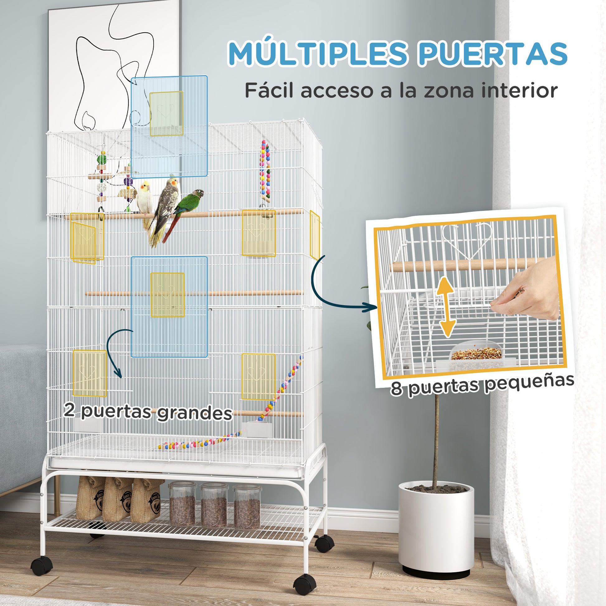 Pawhut Jaula Para Pájaros Con Ruedas Bandeja Extraíble Y Estante Inferior Blanco_3