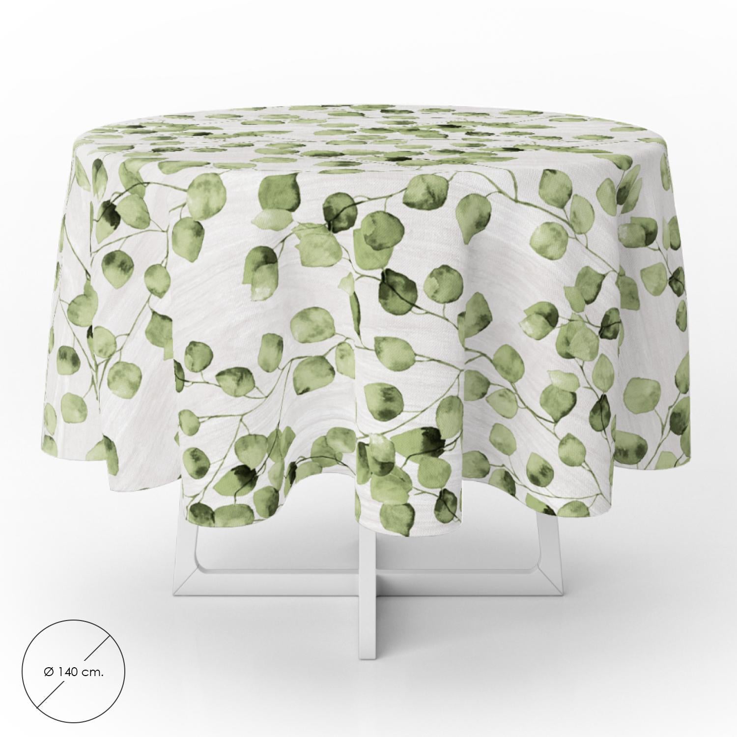 Mantel Hule Redondo Hojas Verdes Impermeable Antimanchas Pvc Ø140 Cm. Uso Interior Y Exterior_0