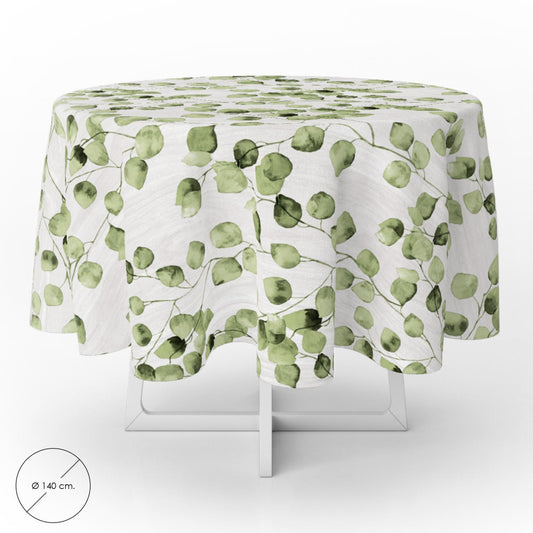Mantel Hule Redondo Hojas Verdes Impermeable Antimanchas Pvc Ø140 Cm. Uso Interior Y Exterior_0