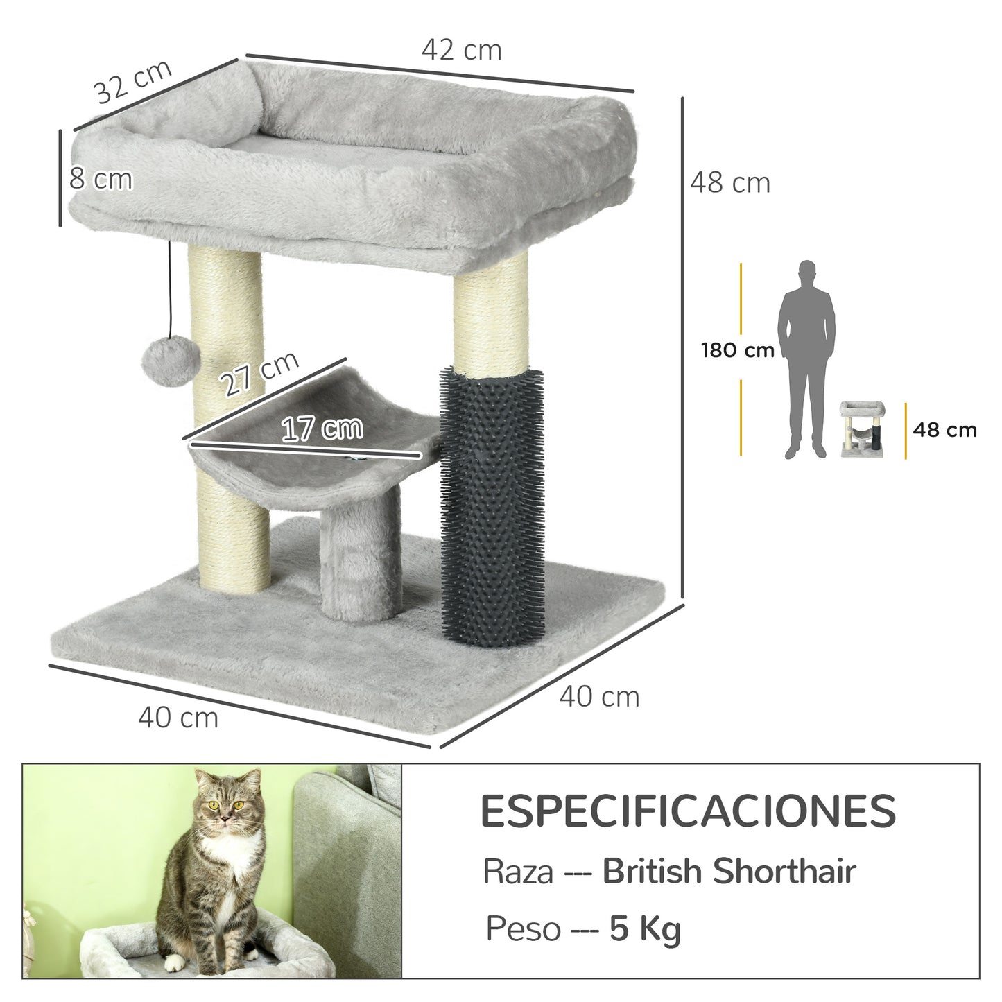 Pawhut Rascador Para Gatos Altura 48 Cm Con Plataforma En U Y Cepillo Gris_2