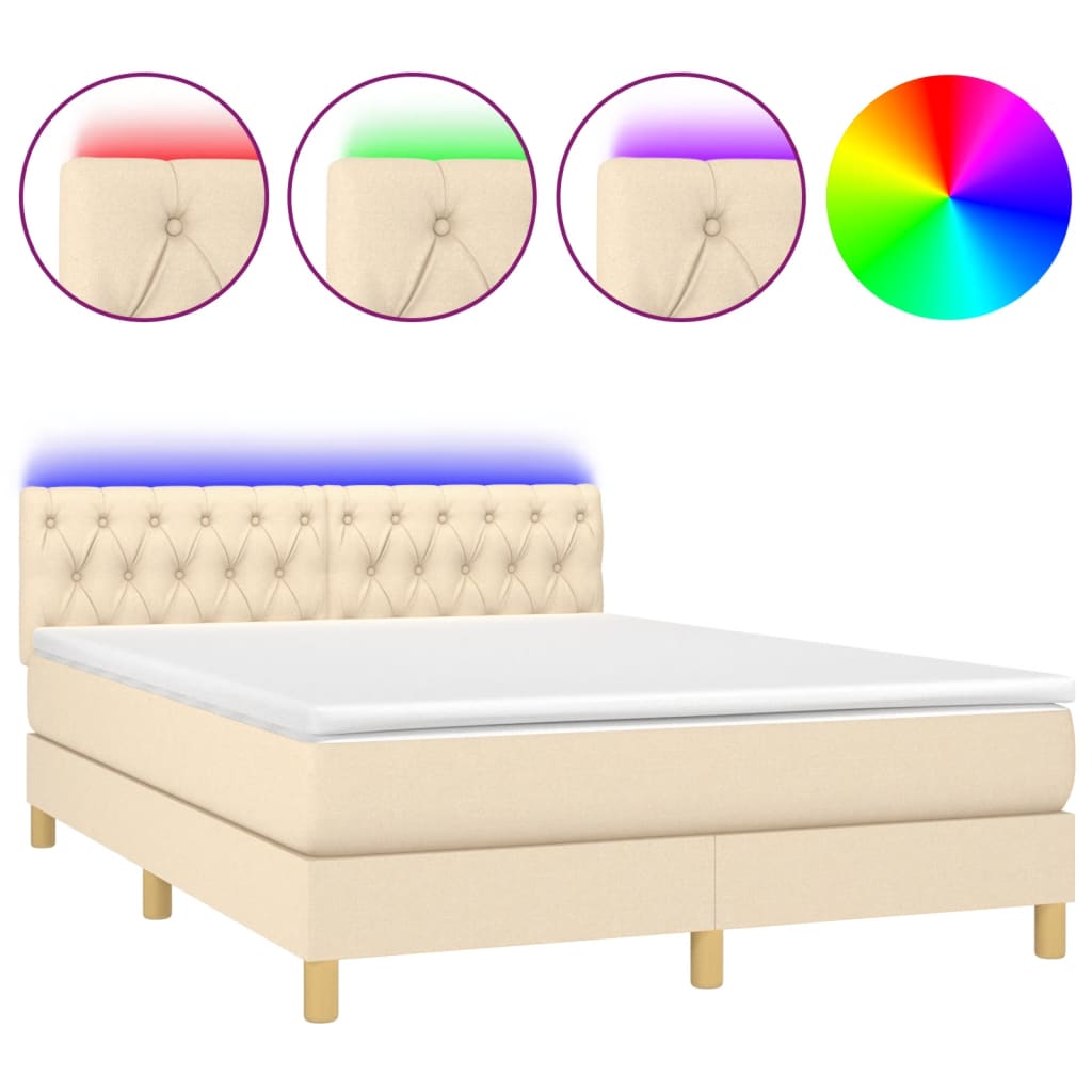 Cama Box Spring Con Colchón Y Led Tela Crema 140x200 Cm / Vetonek_0