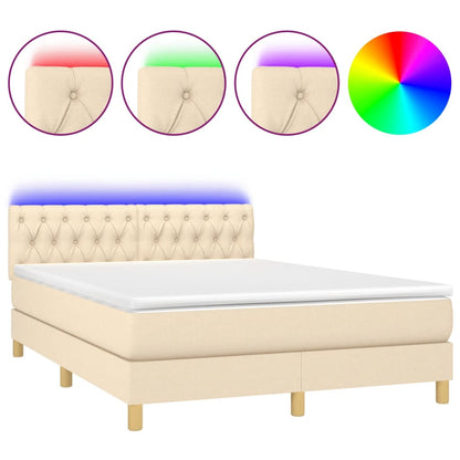 Cama Box Spring Con Colchón Y Led Tela Crema 140x200 Cm / Vetonek_0