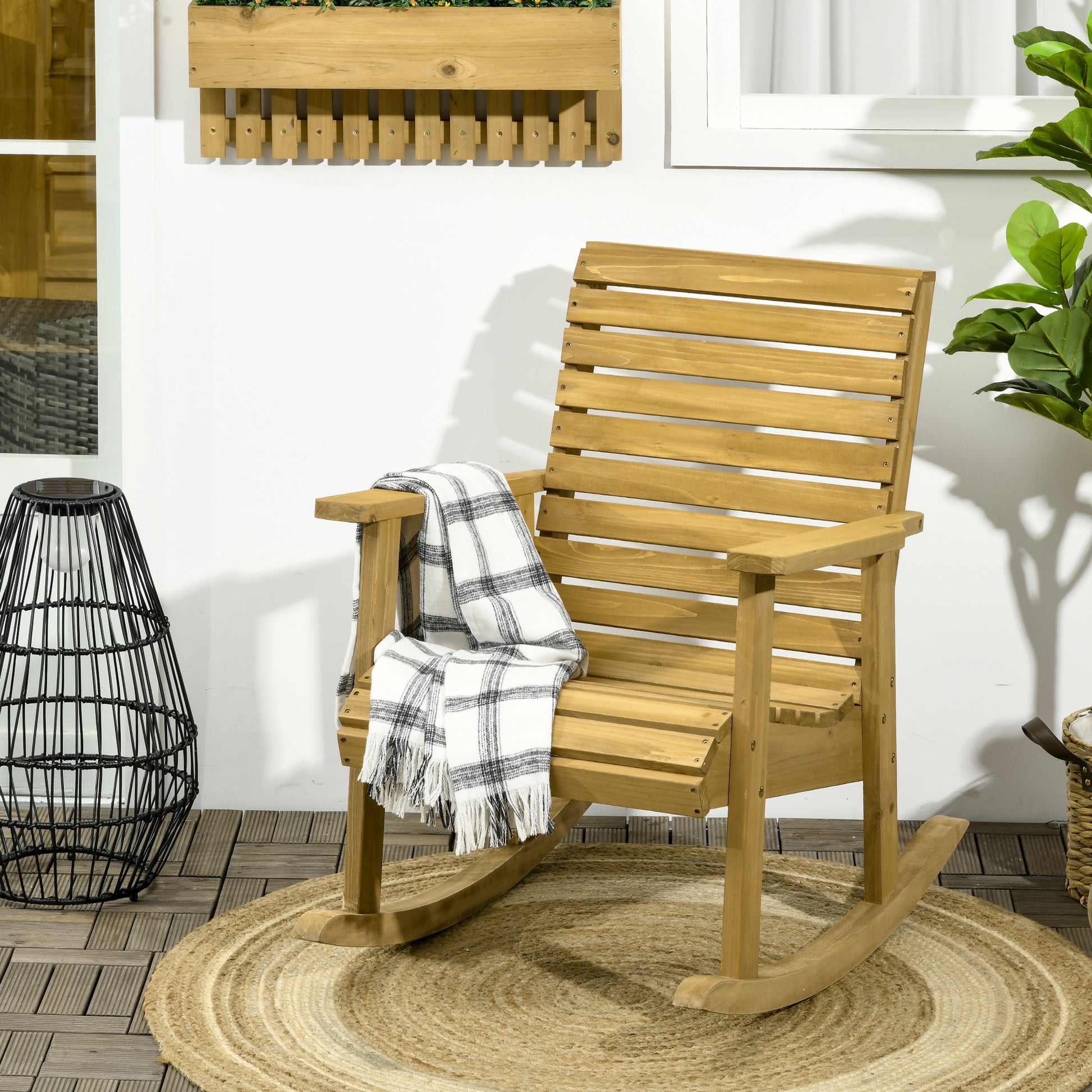 Outsunny Silla Mecedora De Madera Con Reposabrazos Y Diseño Listones Natural_1