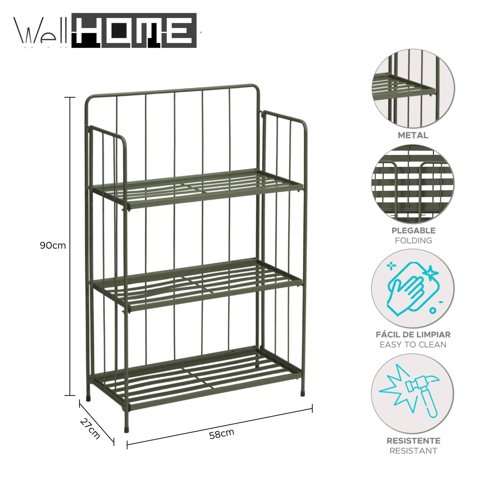 Well Home - Jardinera 3 Niveles Metal Verde Diseño Plegable H.90cm.