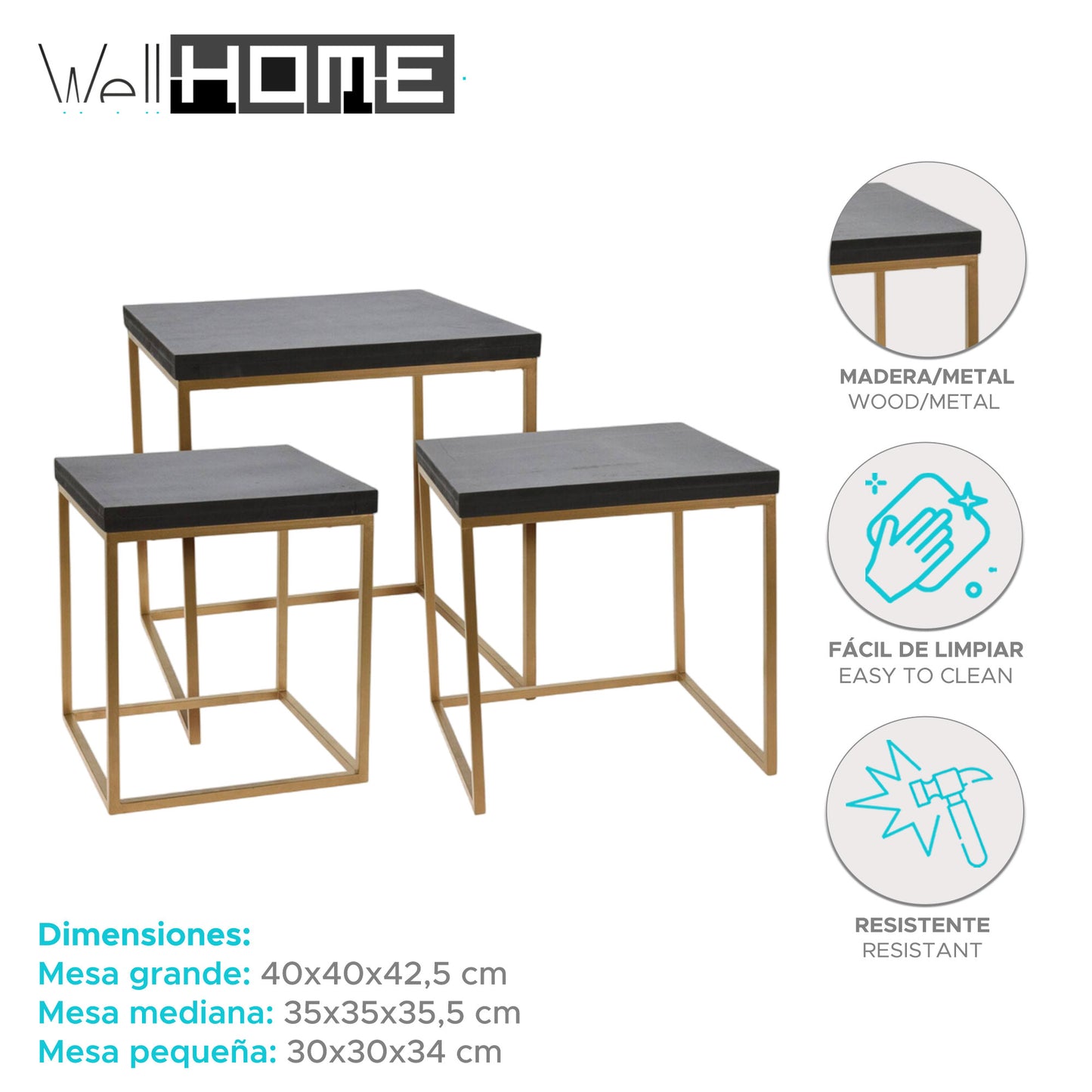 Well Home Juego De 3 Bancos En Madera Y Metal Color Negro