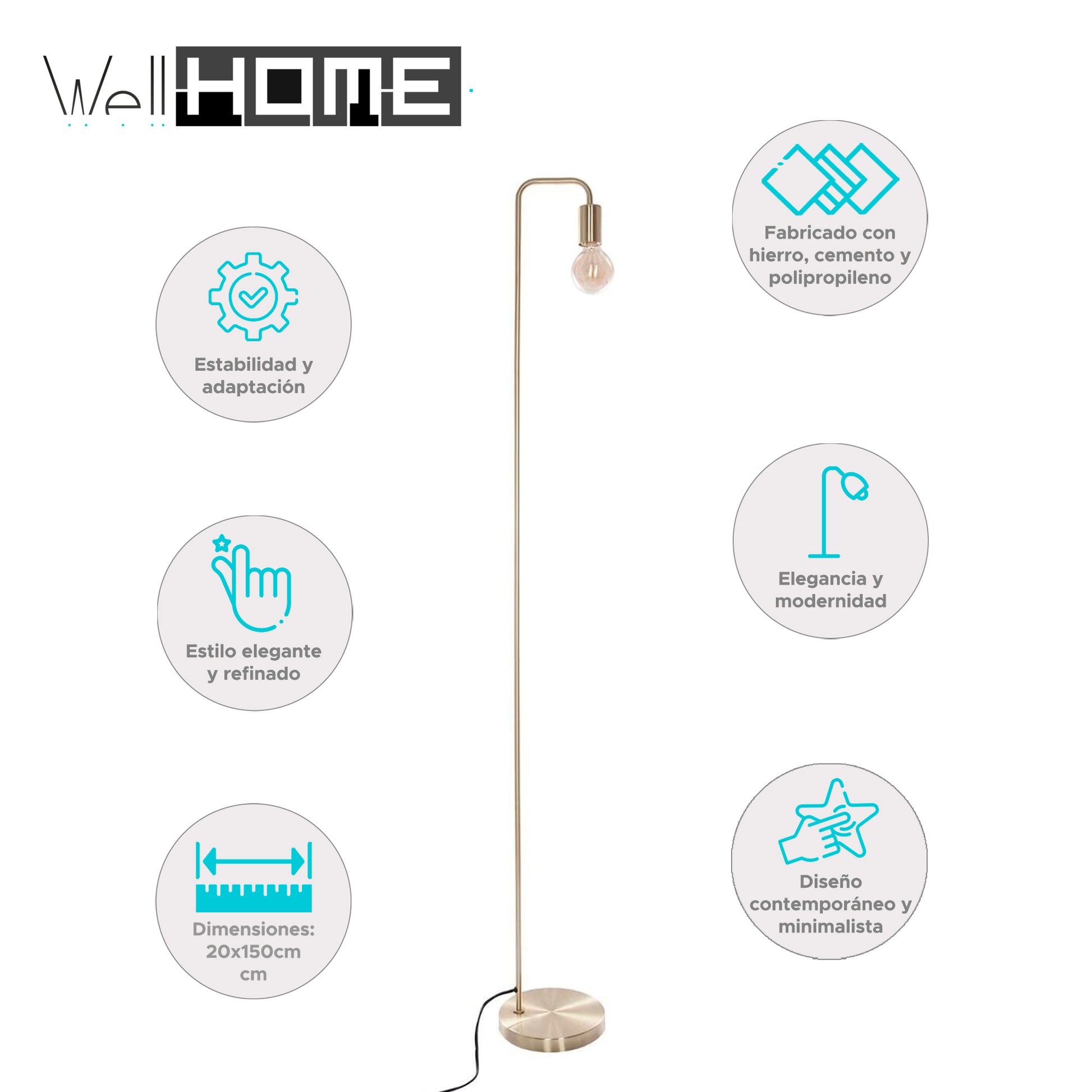 Wellhome Lámpara De Pie Metal Dorado H.150cm