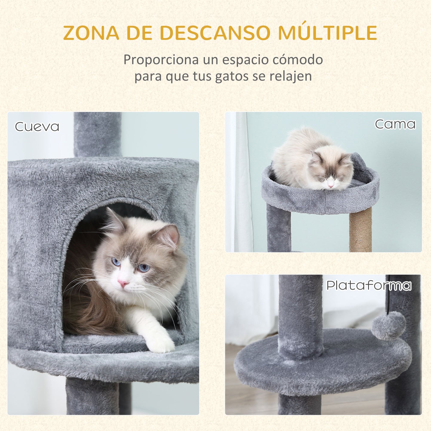 Pawhut Árbol Rascador Para Gatos 104 Cm Con Plataformas Refugio Postes De Sisal_4