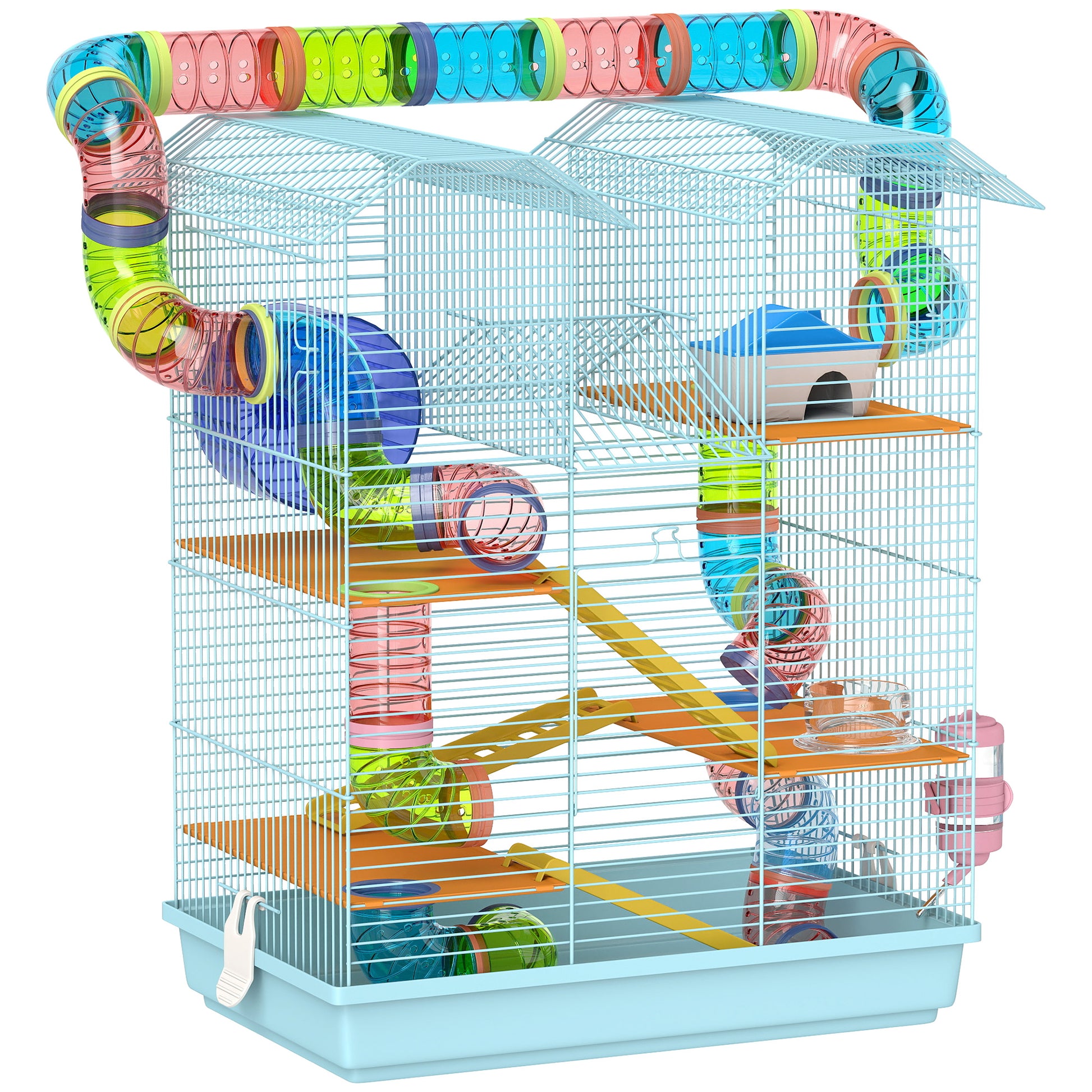 Pawhut Jaula Para Hámster Con Tubos Casita Rueda Plataformas 47x30x59 Cm Azul_0