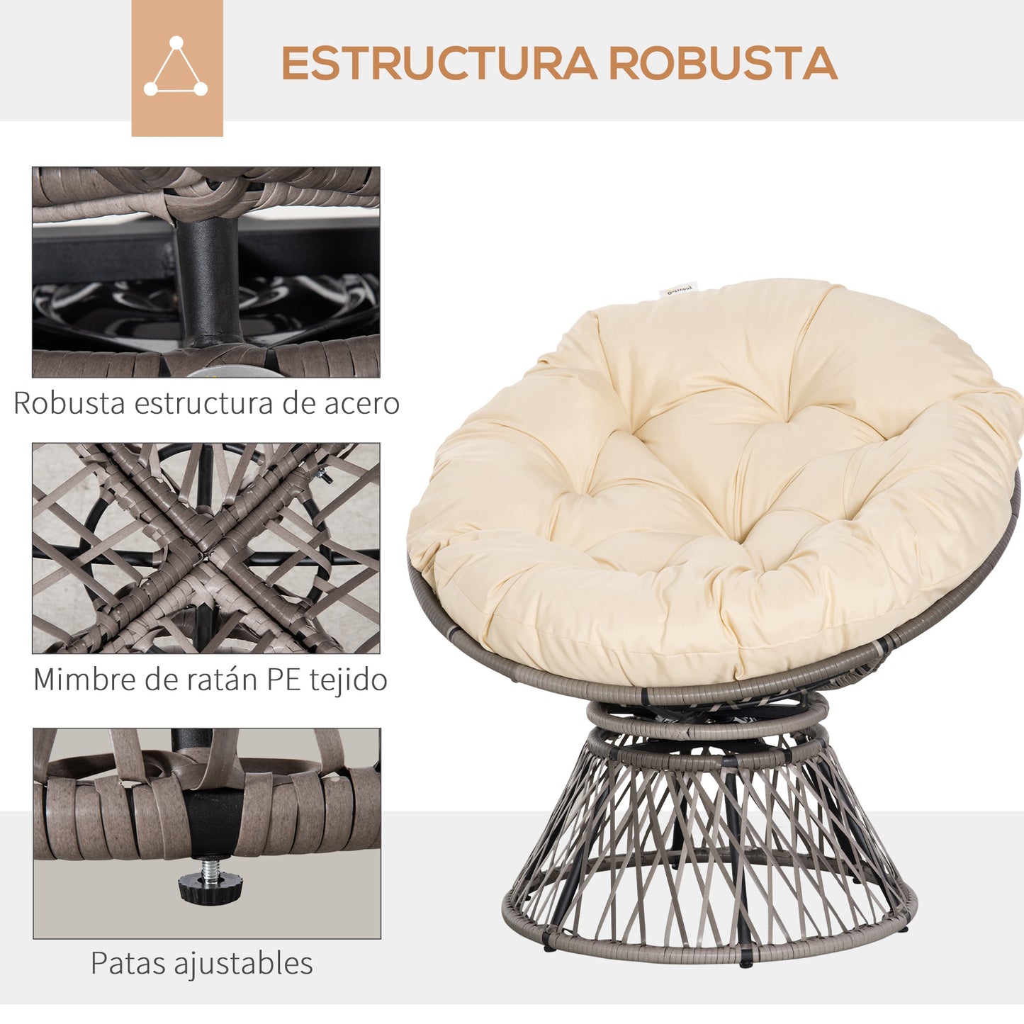 Outsunny Silla Giratoria De Ratán Sintético Con Cojín 87x97x86 Cm Gris Y Crema_4