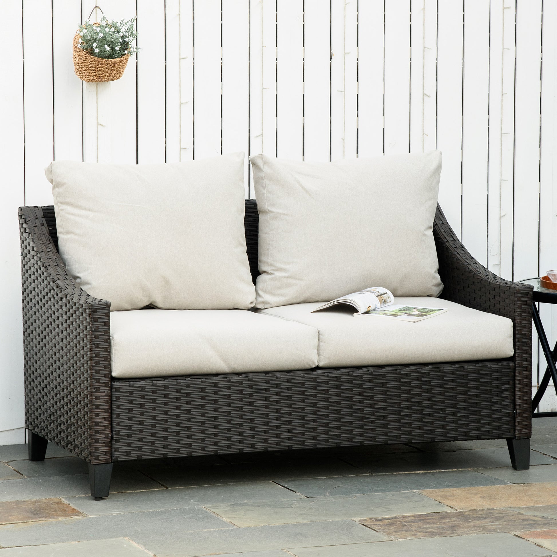 Outsunny Sofá De Ratán 2 Plazas Jardín Con Cojines Acolchados 132x70x74cm Marrón_1