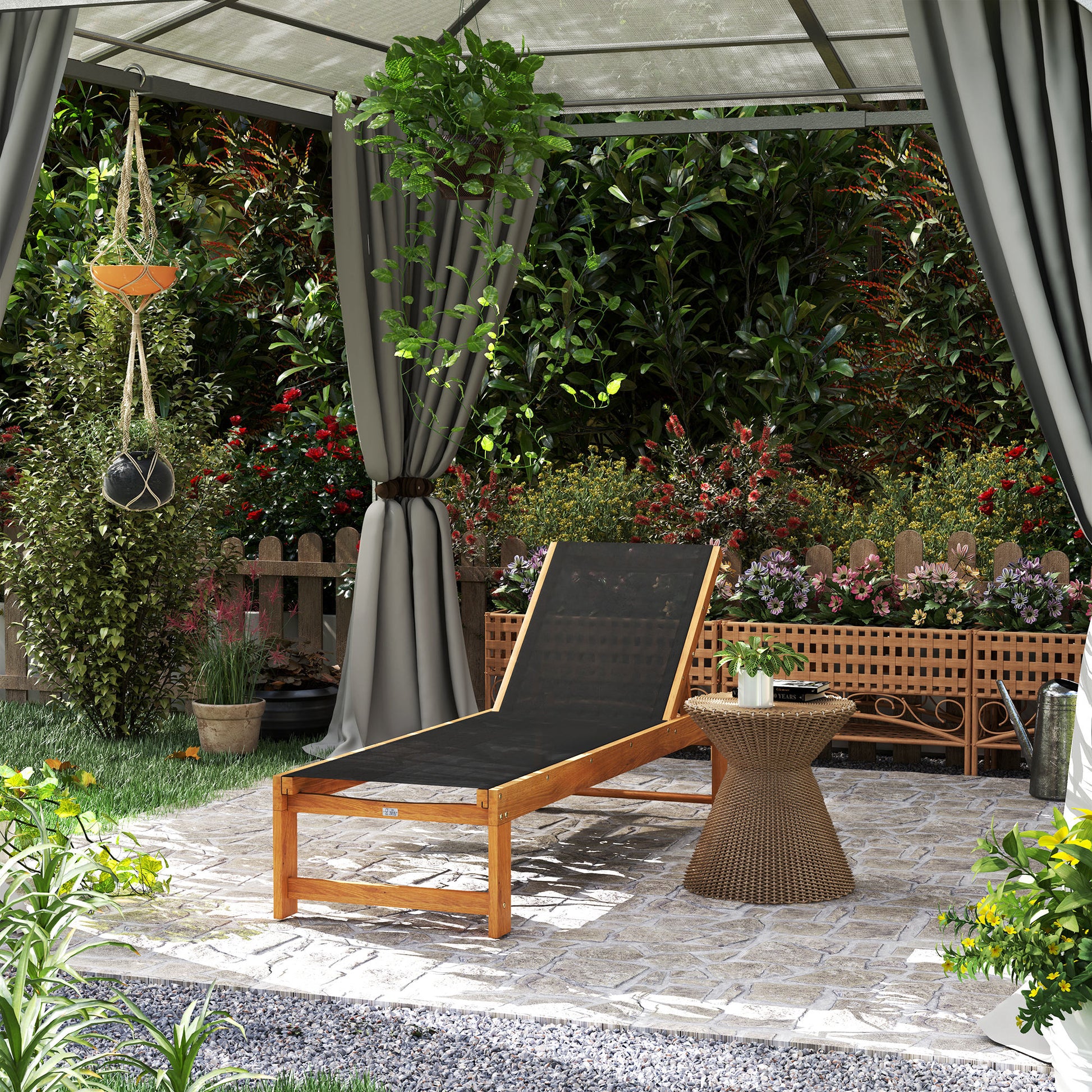 Outsunny Tumbona De Madera De Acacia Con Ruedas Respaldo Ajustable Negro_1