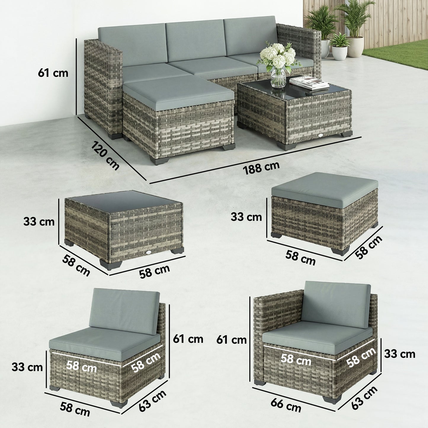 Outsunny Conjunto Muebles Jardín Exterior De Ratán 5 Piezas Cojines Gris Claro_2