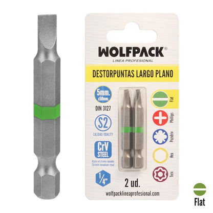 Puntas Destornillador Largo Plano 5 Mm. (2 Piezas). Acero S2 Al Cromo Vanadio. Puntas Hexagonales, Destorpuntas,