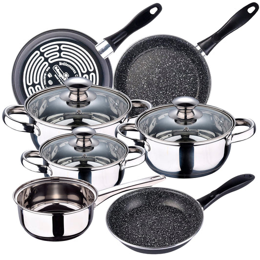 Bateria De Cocina 7 Piezas San Ignacio Faro De Acero Inoxidable Con Juego De Sartenes (18/20/24 Cm) Magefesa K2 Gransasso En Acero Esmaltado