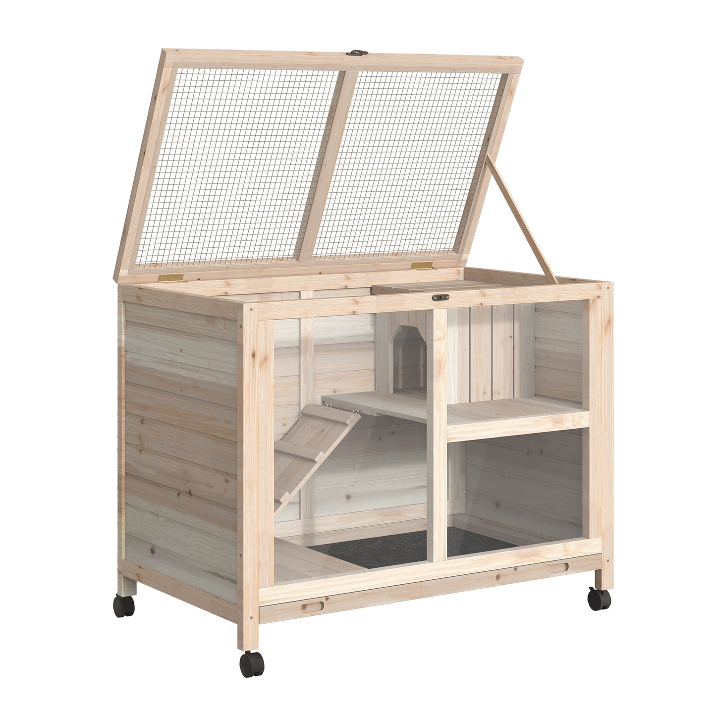 Pawhut Conejera De Madera Con Ruedas 91,5x53,3x73 Cm Techo Abatible Bandeja_4