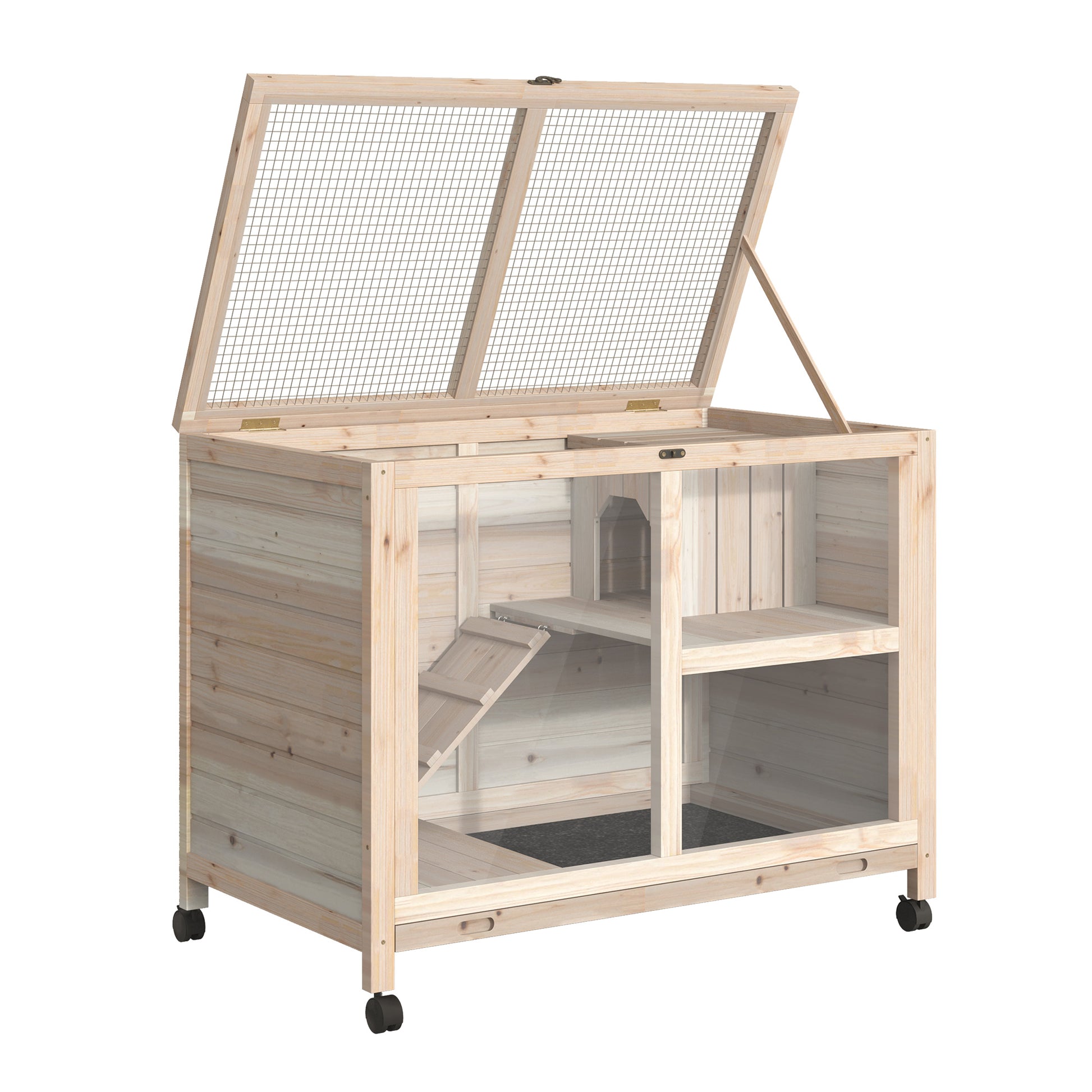 Pawhut Conejera De Madera Con Ruedas 91,5x53,3x73 Cm Techo Abatible Bandeja_4