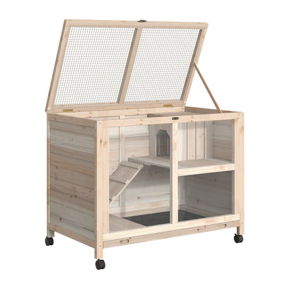 Pawhut Conejera De Madera Con Ruedas 91,5x53,3x73 Cm Techo Abatible Bandeja_4