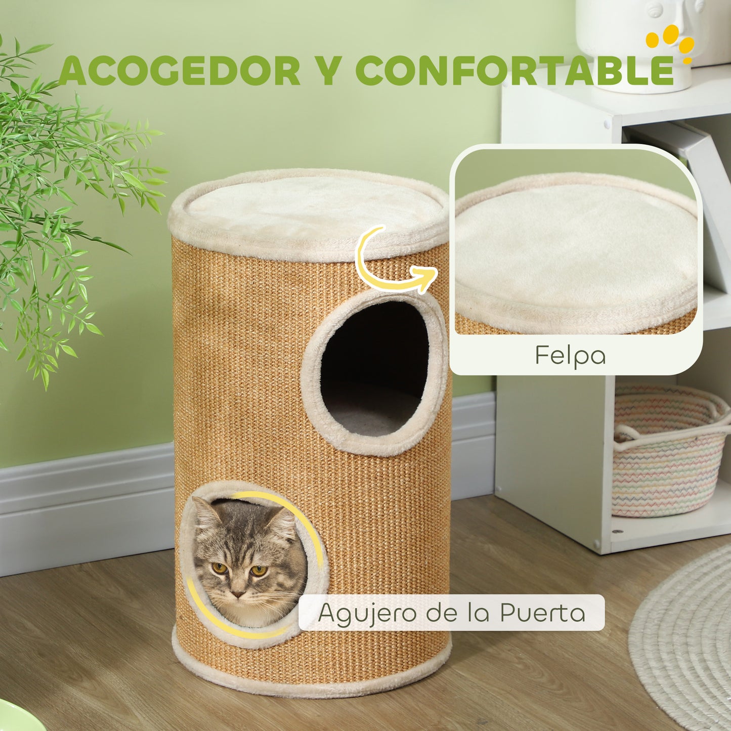 Pawhut Barril Rascador Para Gatos Con 2 Cuevas Y Cubierta De Sisal Ø35x60 Cm_5