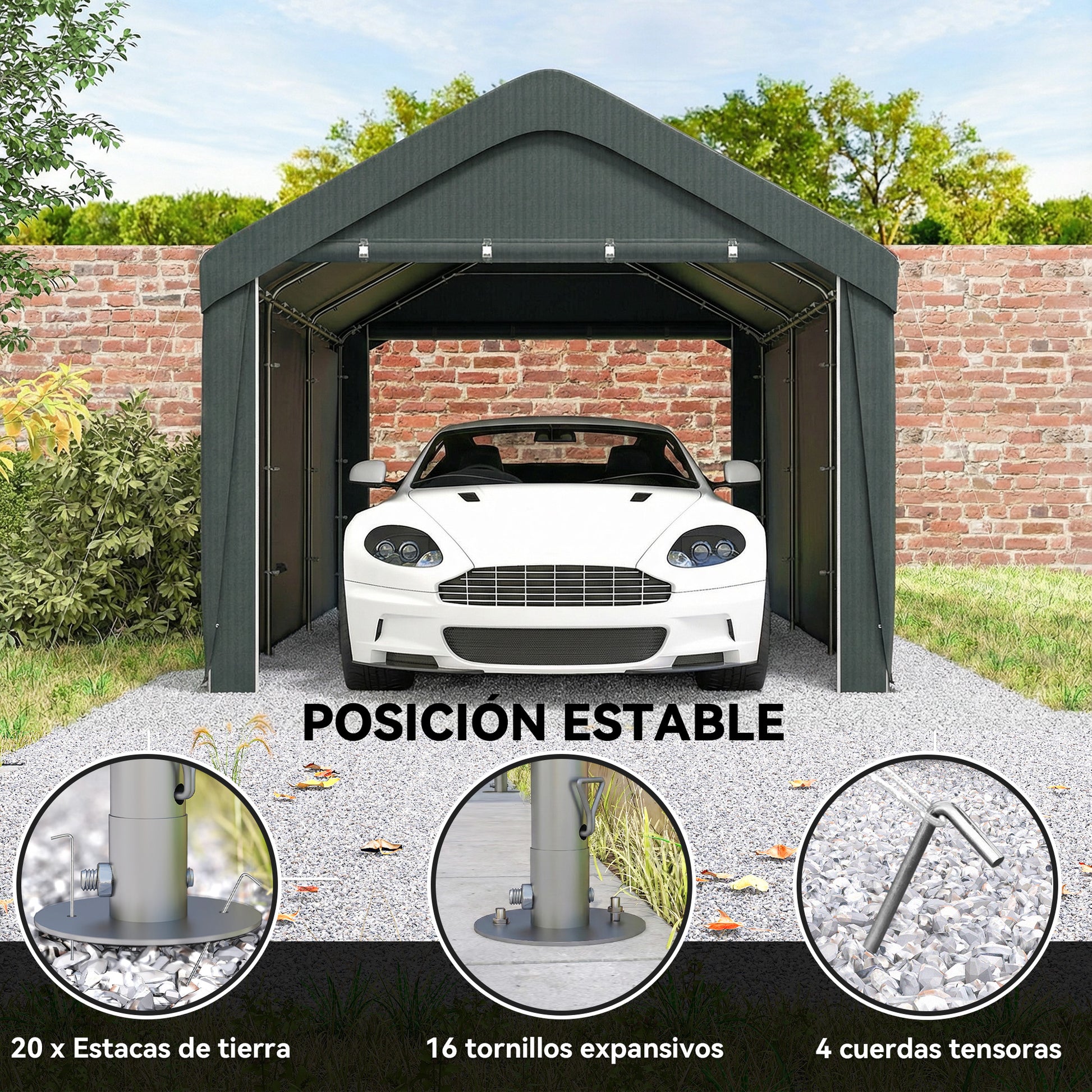 Outsunny Carpa Garaje 3x6 M Impermeable Con Paredes Laterales Desmontables Gris_3
