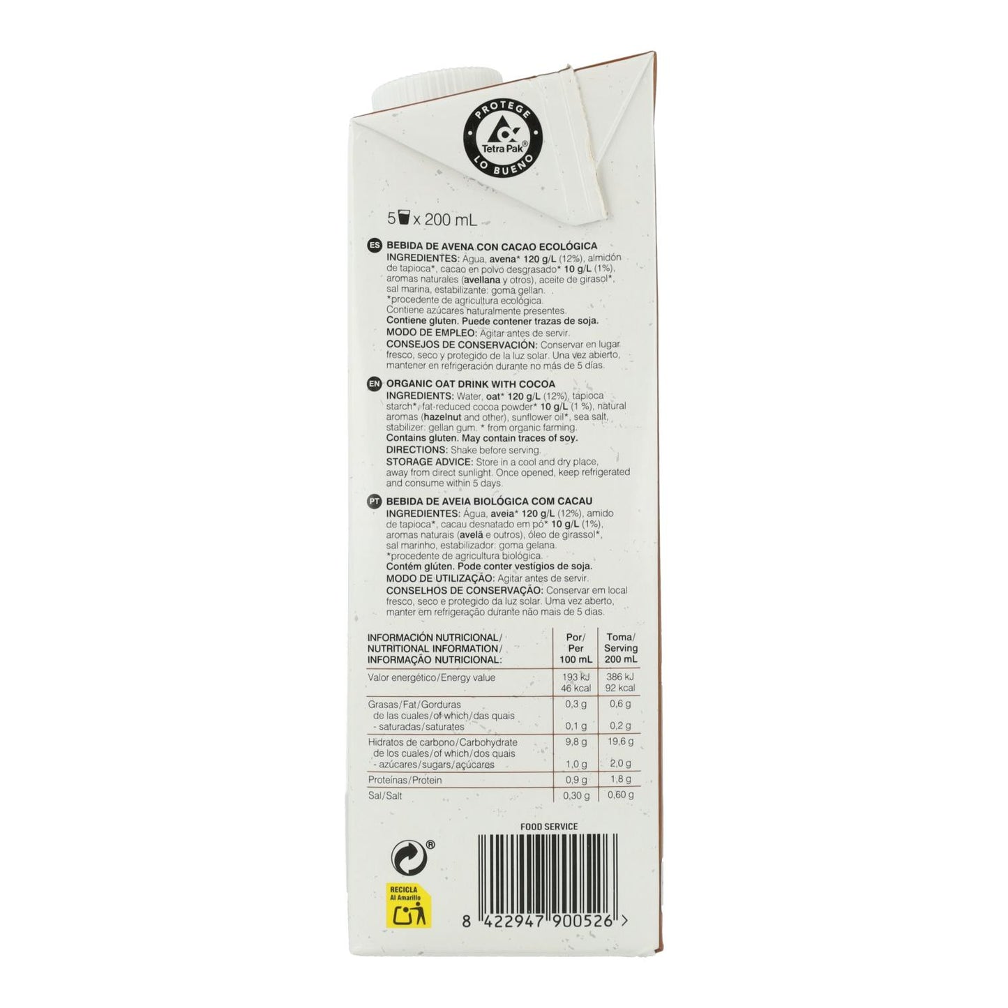 Pack 6 x Bebida de Avena con Cacao BIO Soria Natural  1 L