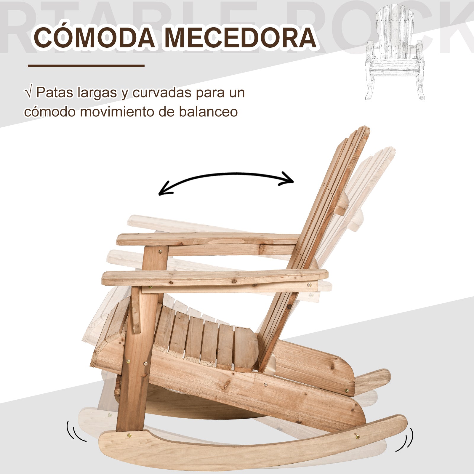 Outsunny Silla De Jardín Mecedora Adirondack De Madera Natural 77x94x97cm Color_3