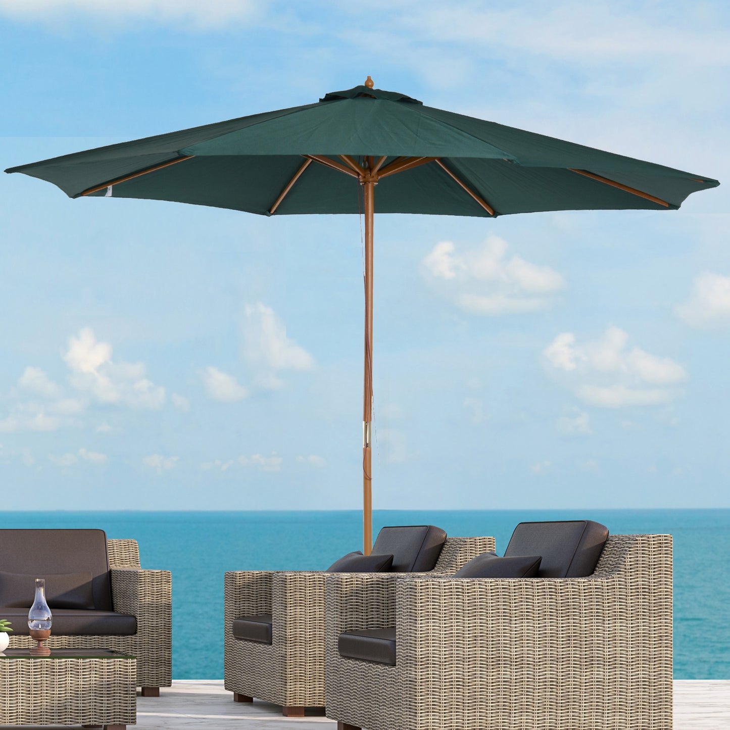 Outsunny Sombrilla Parasol Verde Diámetro 3m Madera Terraza Jardín Piscina_1