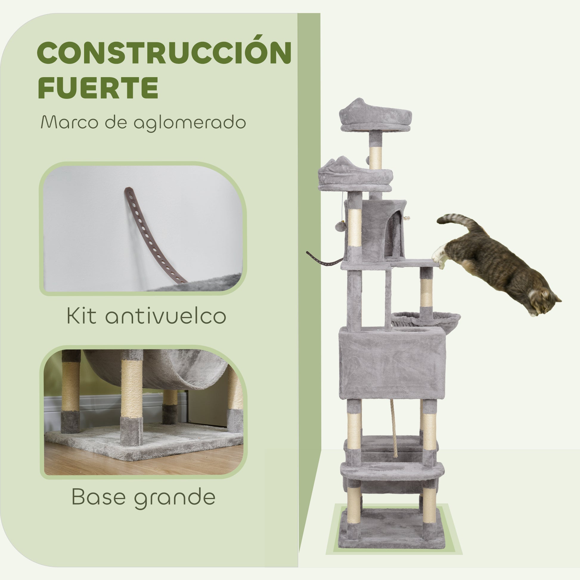 Pawhut Árbol Rascador Para Gatos Grande Altura 206 Cm Con Hamacas Gris Claro_4