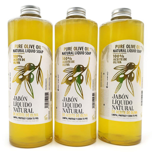 Pack 3 Jabón Líquido Natural 100% Aceite De Oliva - Para Todo Tipo De Piel, Sensible, Seca - Sin Detergentes Ni Perfumes_0