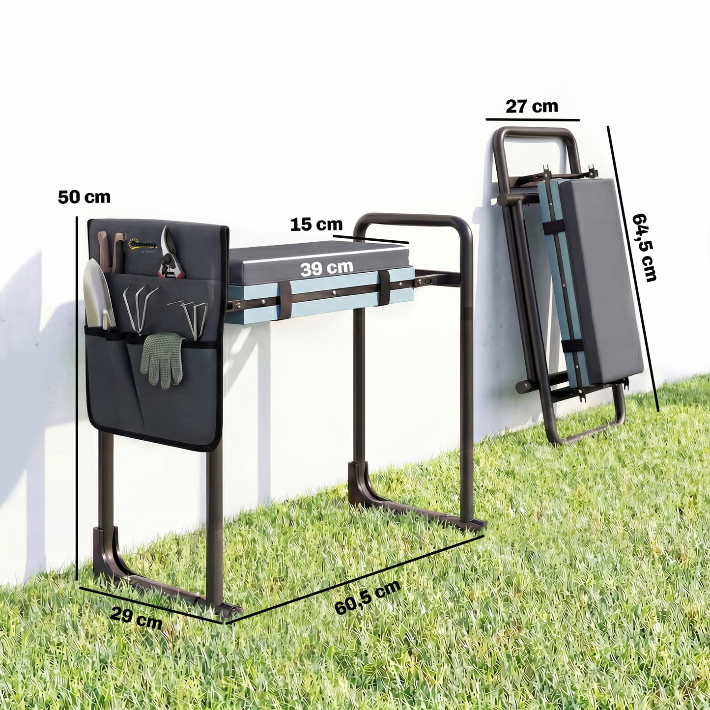 Outsunny Taburete De Jardín Plegable Con Bolsa Para Herramientas Gris Oscuro_2