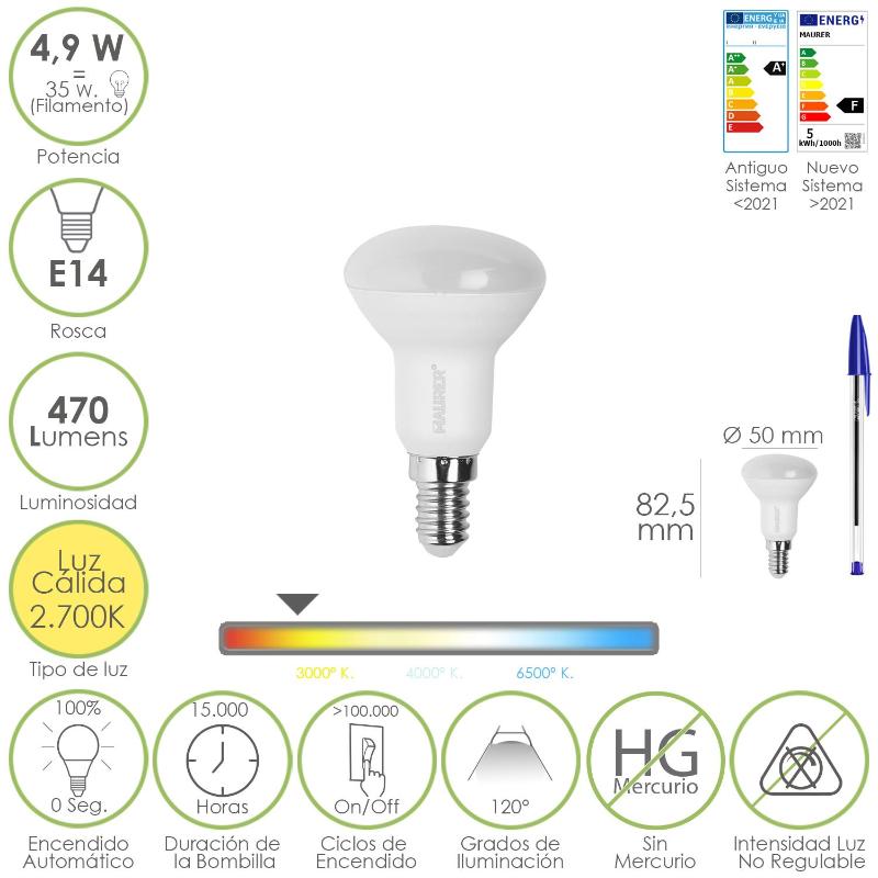 Bombilla Led Reflectante Rosca E14. 4,9 Watt. Equivale A 35 Watt. 470 Lumenes. Luz Cálida (3000º K.)_0