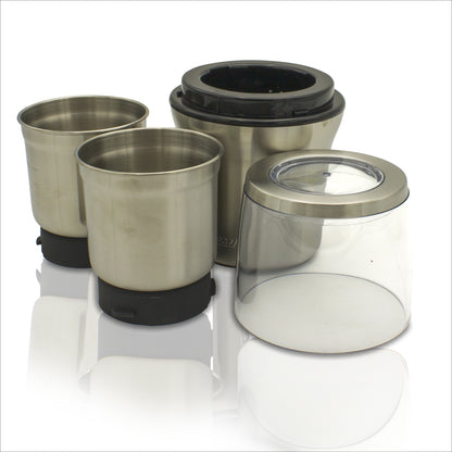 Molinillo Café Eléctrico, Picador Multiusos, Doble Cuchilla Corte Y 2 Vasos En Acero Inox, Función Pulso Mpm Mmk-06m, Plata, 200w