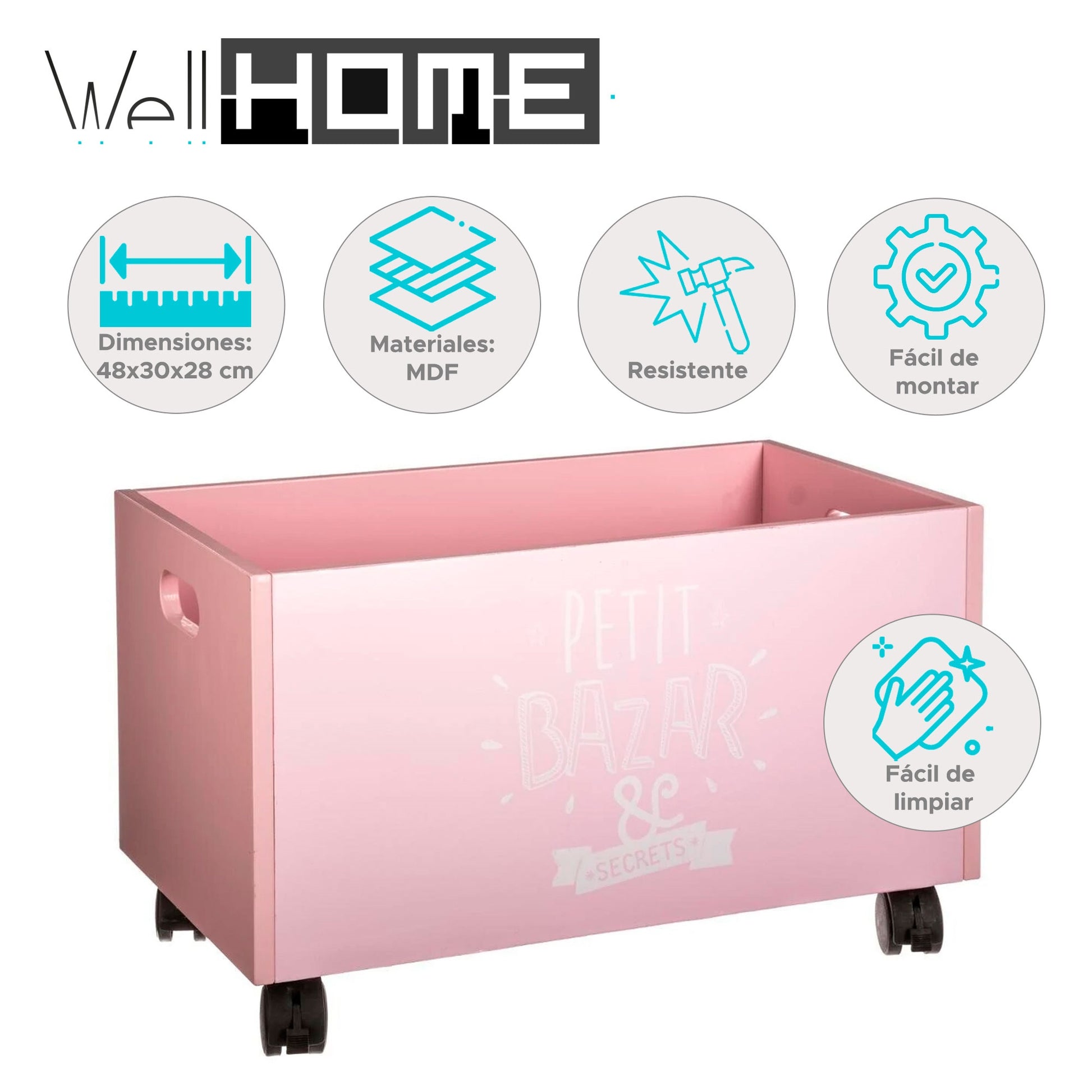Well Home Cofre De Juguetes Rosa Con Ruedas Mdf 48x28x28,5cm