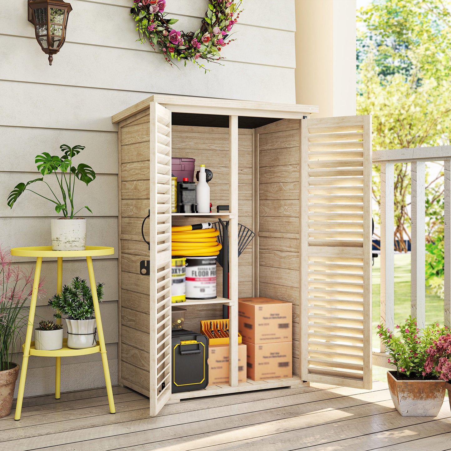 Outsunny Caseta De Jardín De Madera 75x50x118 Cm Con 2 Estantes Puertas Natural_1
