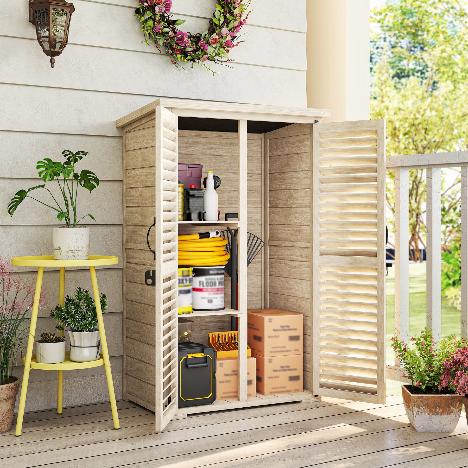 Outsunny Caseta De Jardín De Madera 75x50x118 Cm Con 2 Estantes Puertas Natural_1