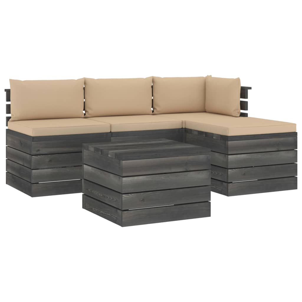 Muebles De Jardín De Palets 5 Piezas Cojines Madera Maciza Pino / Vetonek_2