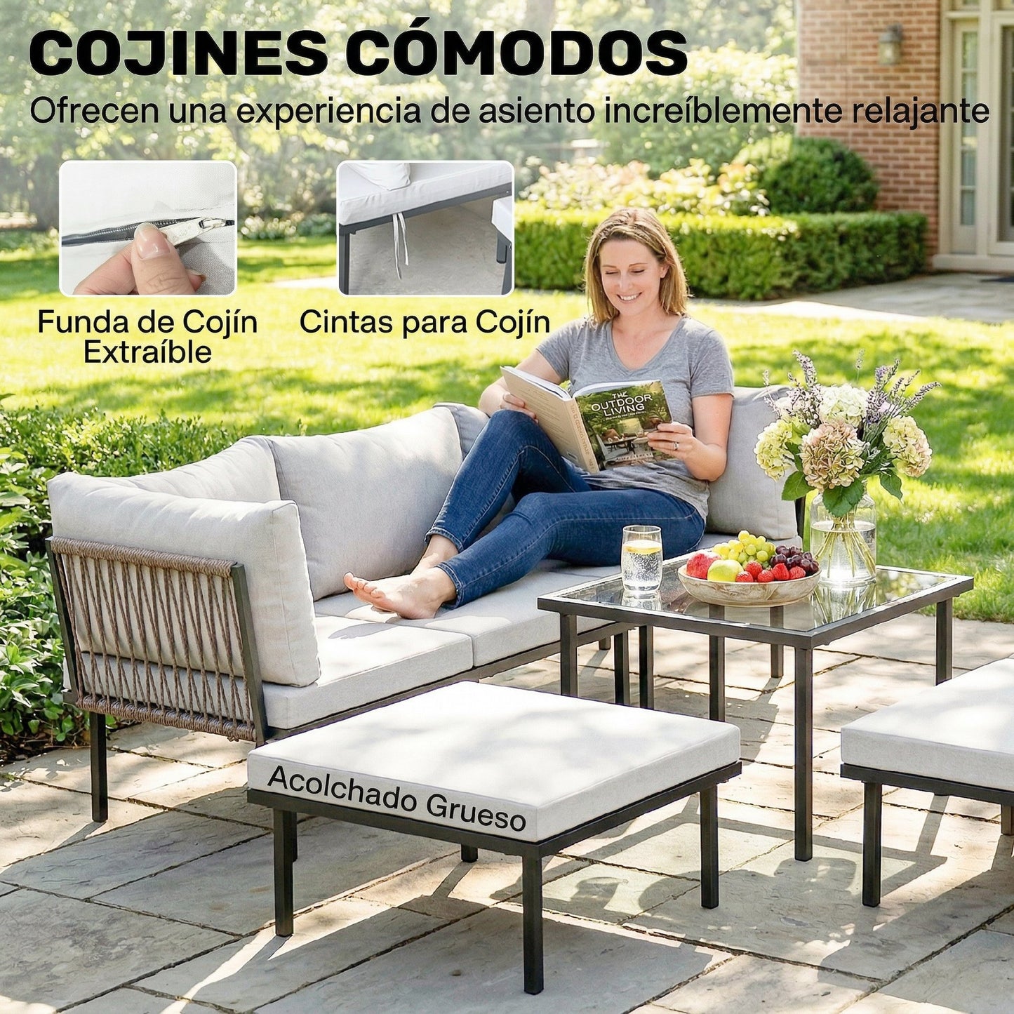 Outsunny Conjunto De Jardín Exterior 6 Piezas En Forma De L Cojines Gris Claro_4
