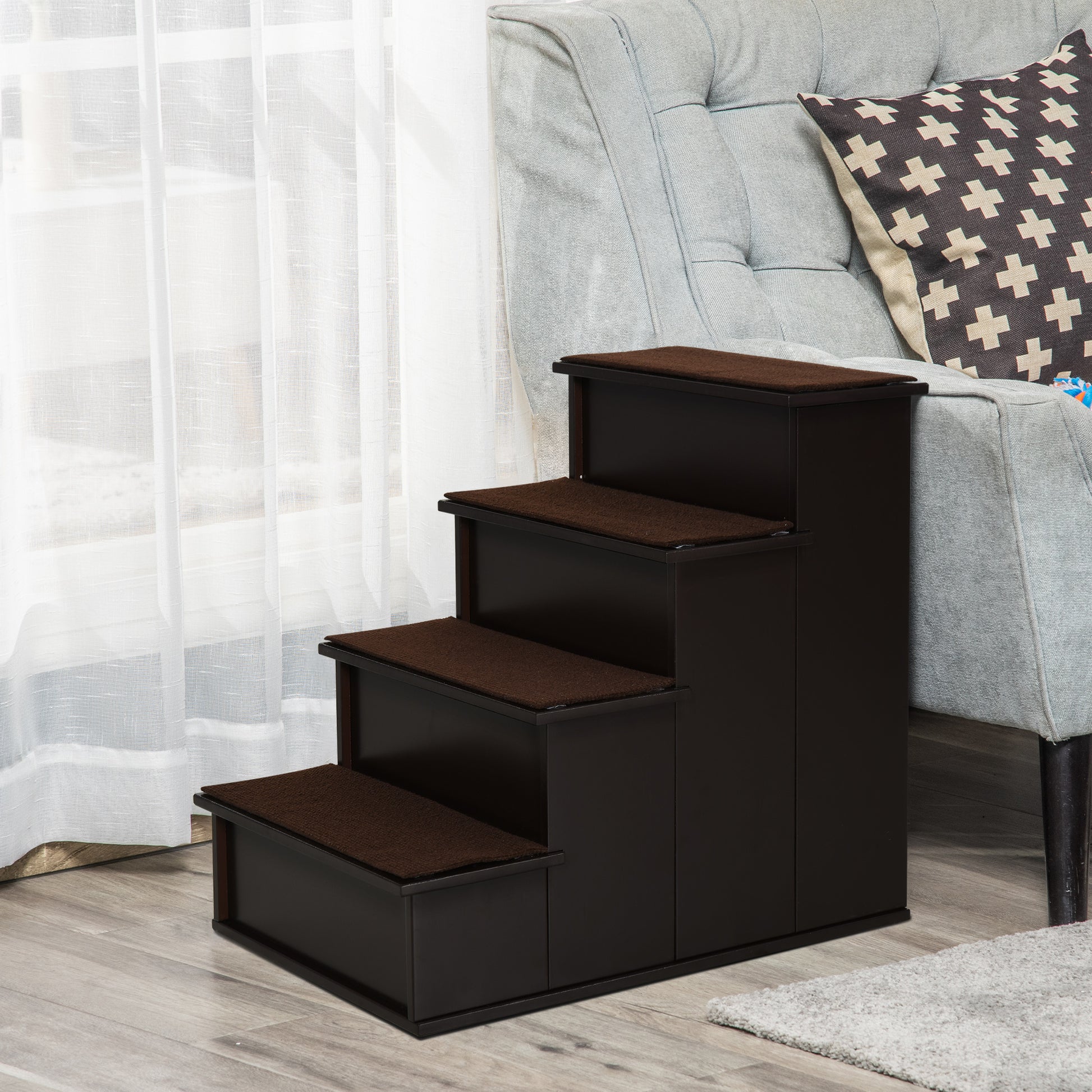 Pawhut Escalera Para Perros De 4 Peldaños Con Acolchados 40x59x54,2 Cm Marrón_1