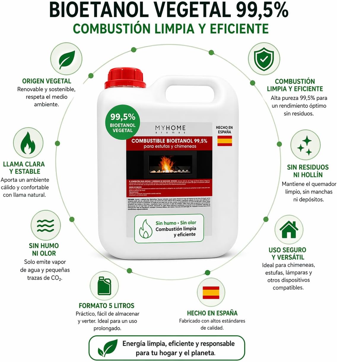 Bioetanol 99,5 % de Origen Vegetal MyHome 5 L | Para Chimeneas, Estufas y Quemadores | Combustión Limpia_1